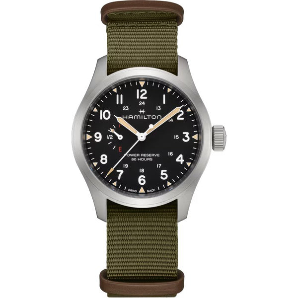 Khaki Field Mechanical Power Reserve 40 mm Black on Green Strap
