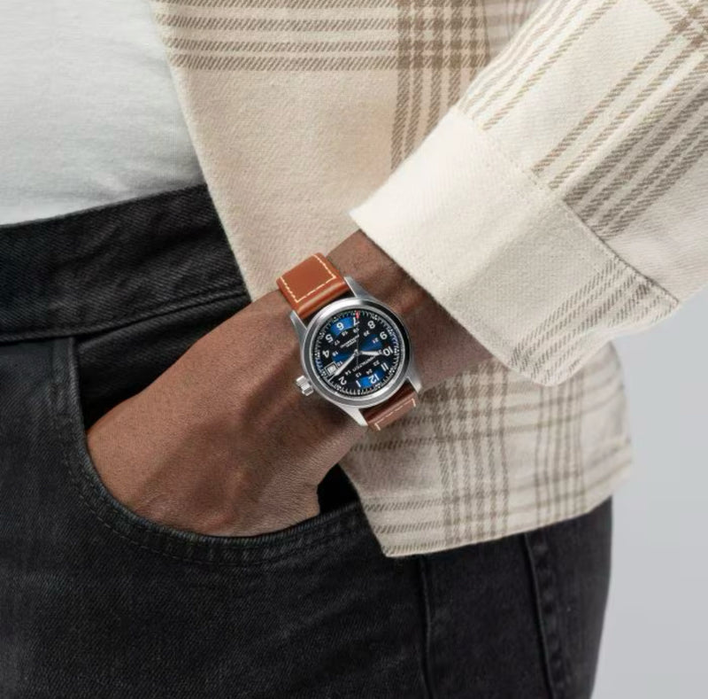 Khaki Field Auto 38 mm Blue on Brown Strap