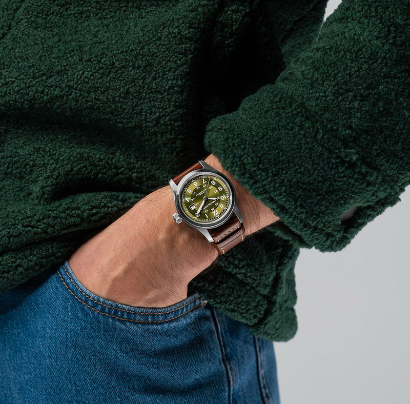 Khaki Field Auto 42 mm Green on Brown Strap