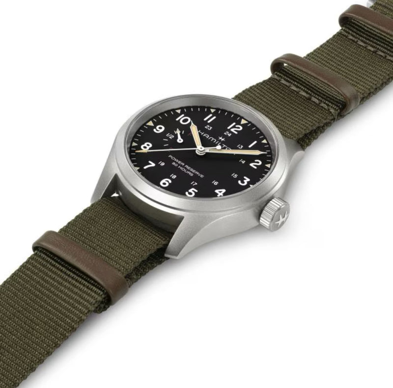 Khaki Field Mechanical Power Reserve 40 mm Black on Green Strap