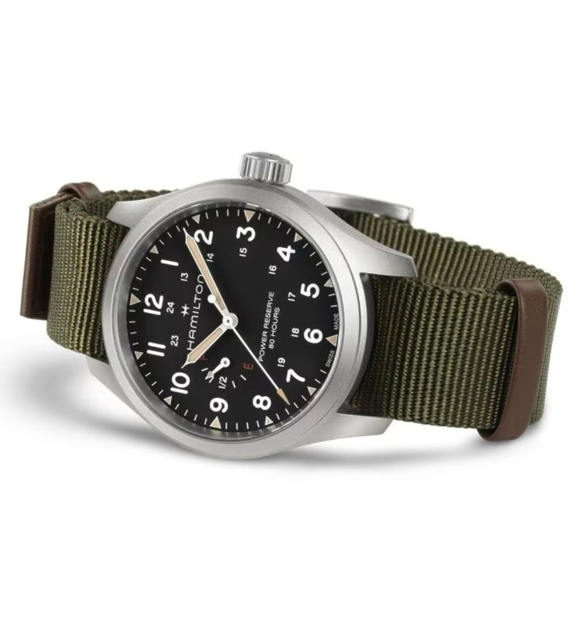 Khaki Field Mechanical Power Reserve 40 mm Black on Green Strap