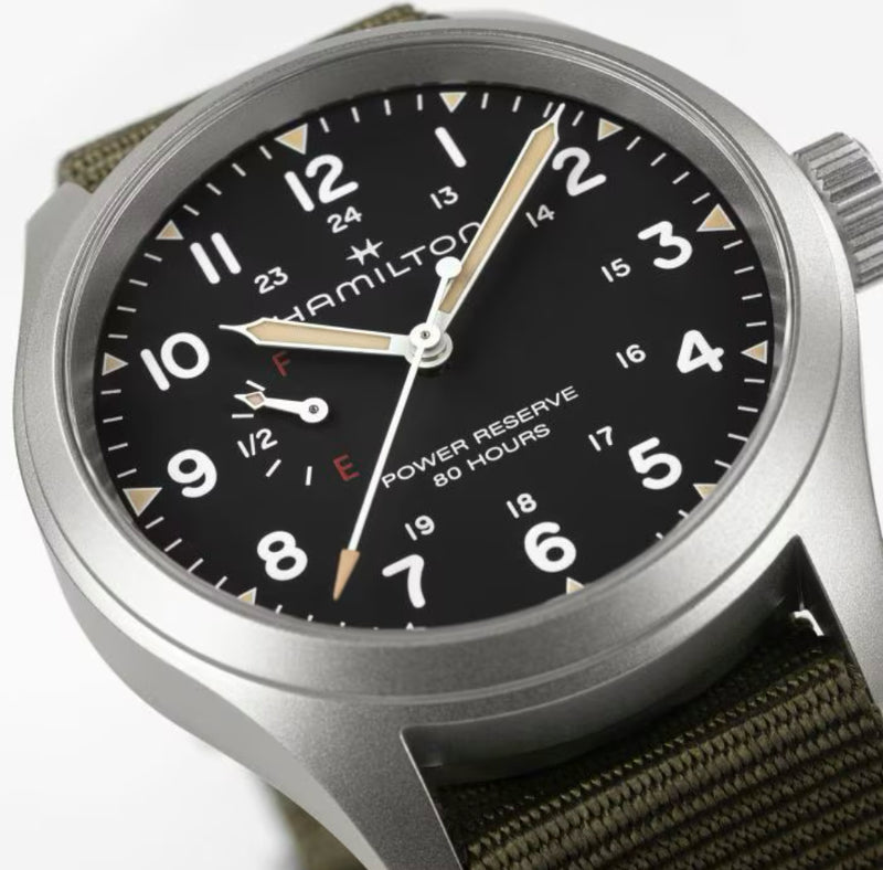 Khaki Field Mechanical Power Reserve 40 mm Black on Green Strap