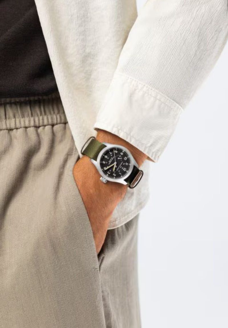 Khaki Field Mechanical Power Reserve 40 mm Black on Green Strap