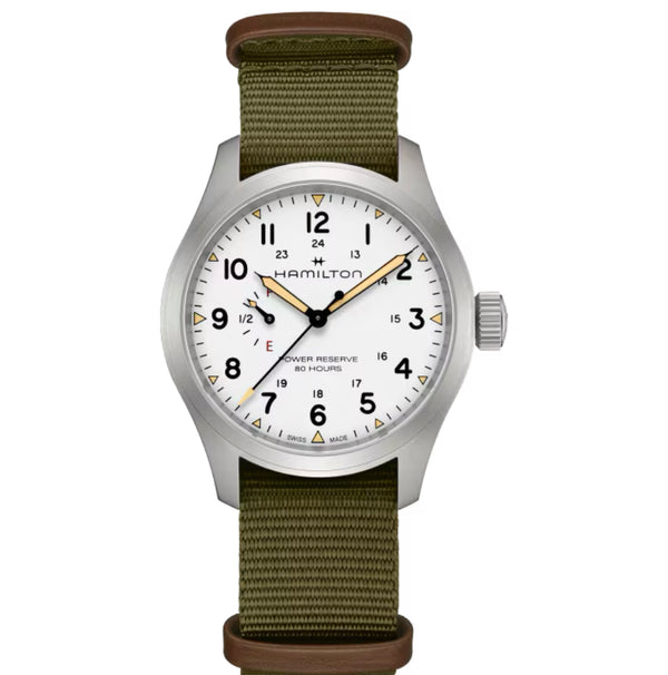 Khaki Field Mechanical Power Reserve 40 mm White on Green Strap