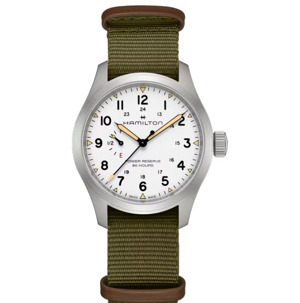 Khaki Field Mechanical Power Reserve 40 mm White on Green Strap *