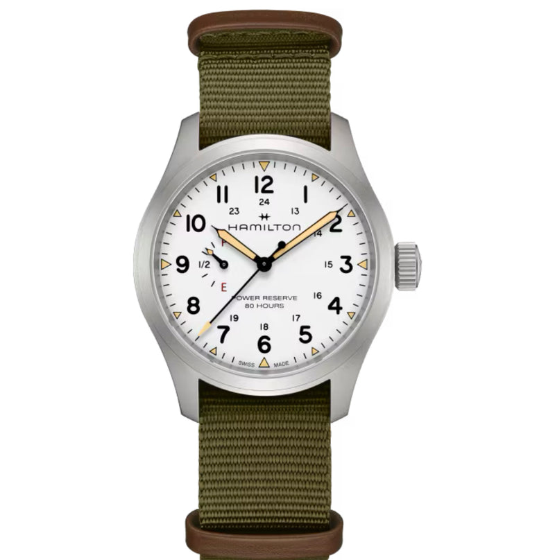 Khaki Field Mechanical Power Reserve 40 mm White on Green Strap