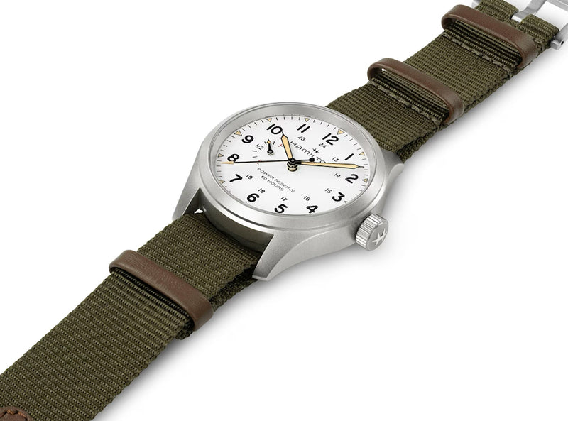 Khaki Field Mechanical Power Reserve 40 mm White on Green Strap