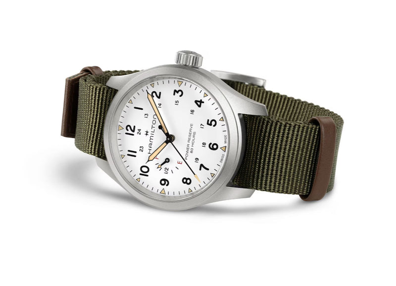 Khaki Field Mechanical Power Reserve 40 mm White on Green Strap