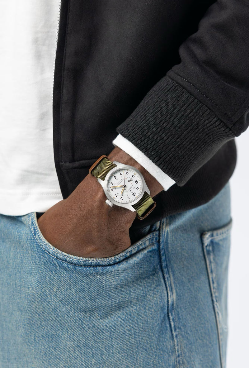 Khaki Field Mechanical Power Reserve 40 mm White on Green Strap