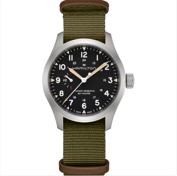 Khaki Field Mechanical Power Reserve 40 mm Black on Green Strap
