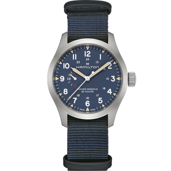 Khaki Field Power Reserve 40 mm – Blue on NATO Textile Strap