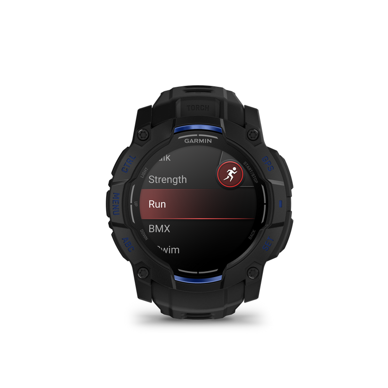 Instinct® 3 – 50 mm, AMOLED, Black with Black/Bolt Blue Band Limited Edition
