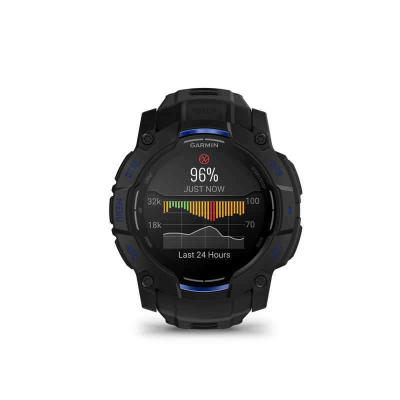 Instinct® 3 – 50 mm, AMOLED, Black with Black/Bolt Blue Band Limited Edition