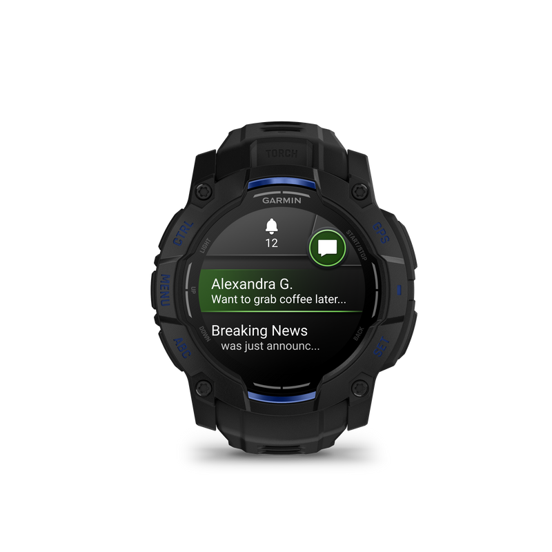 Instinct® 3 – 50 mm, AMOLED, Black with Black/Bolt Blue Band Limited Edition